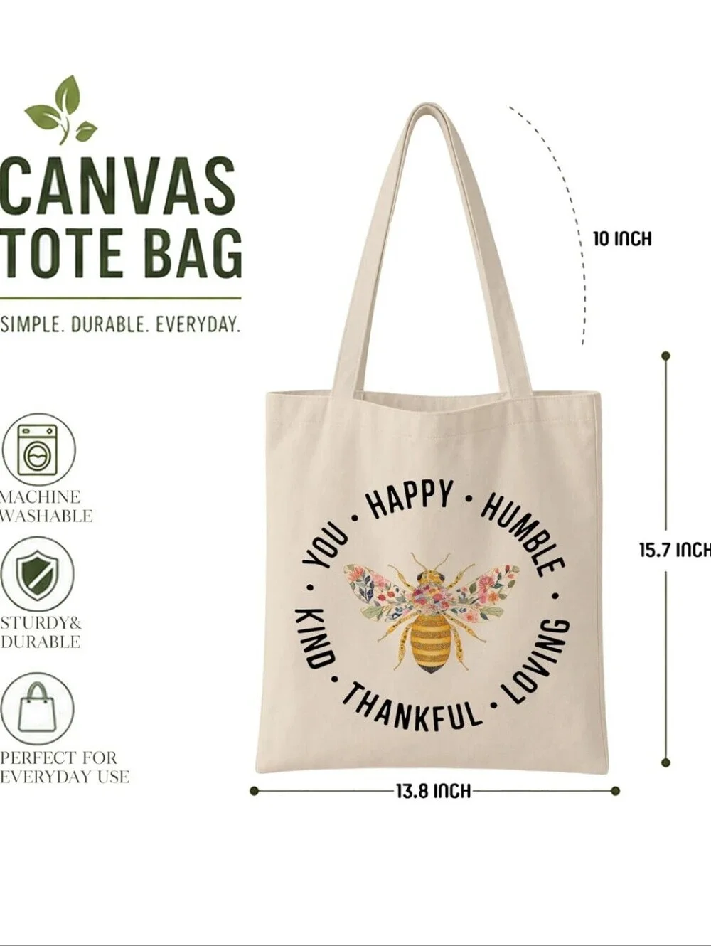 Everyday Canvas Tote Bag with Floral Bee Print - Natural
